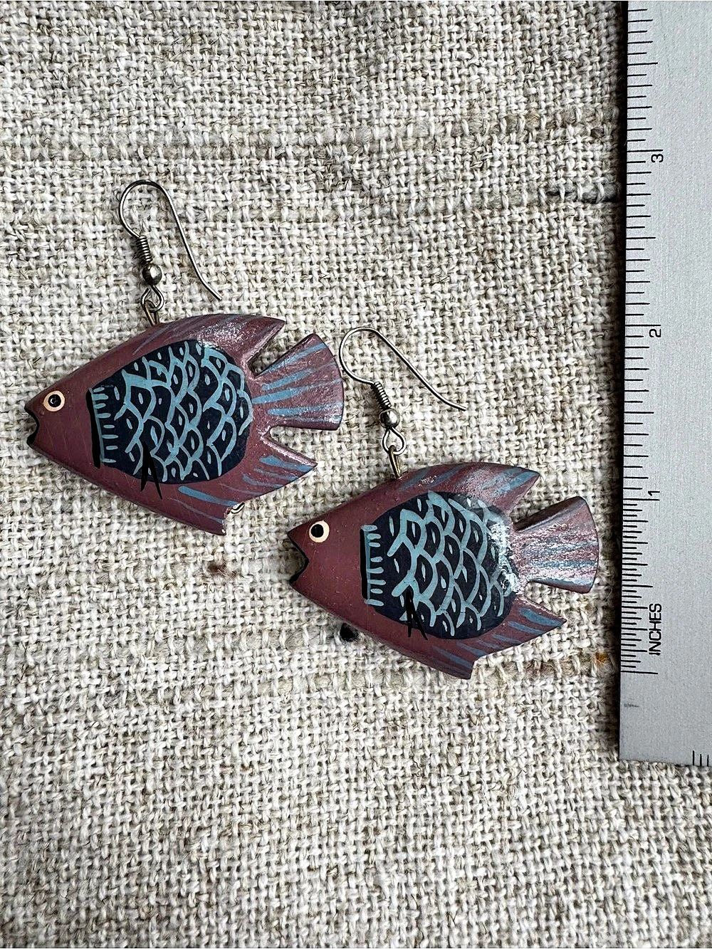 Vintage Hand Painted Wood Fish Earrings - Unique Artsy Fun Lightweight